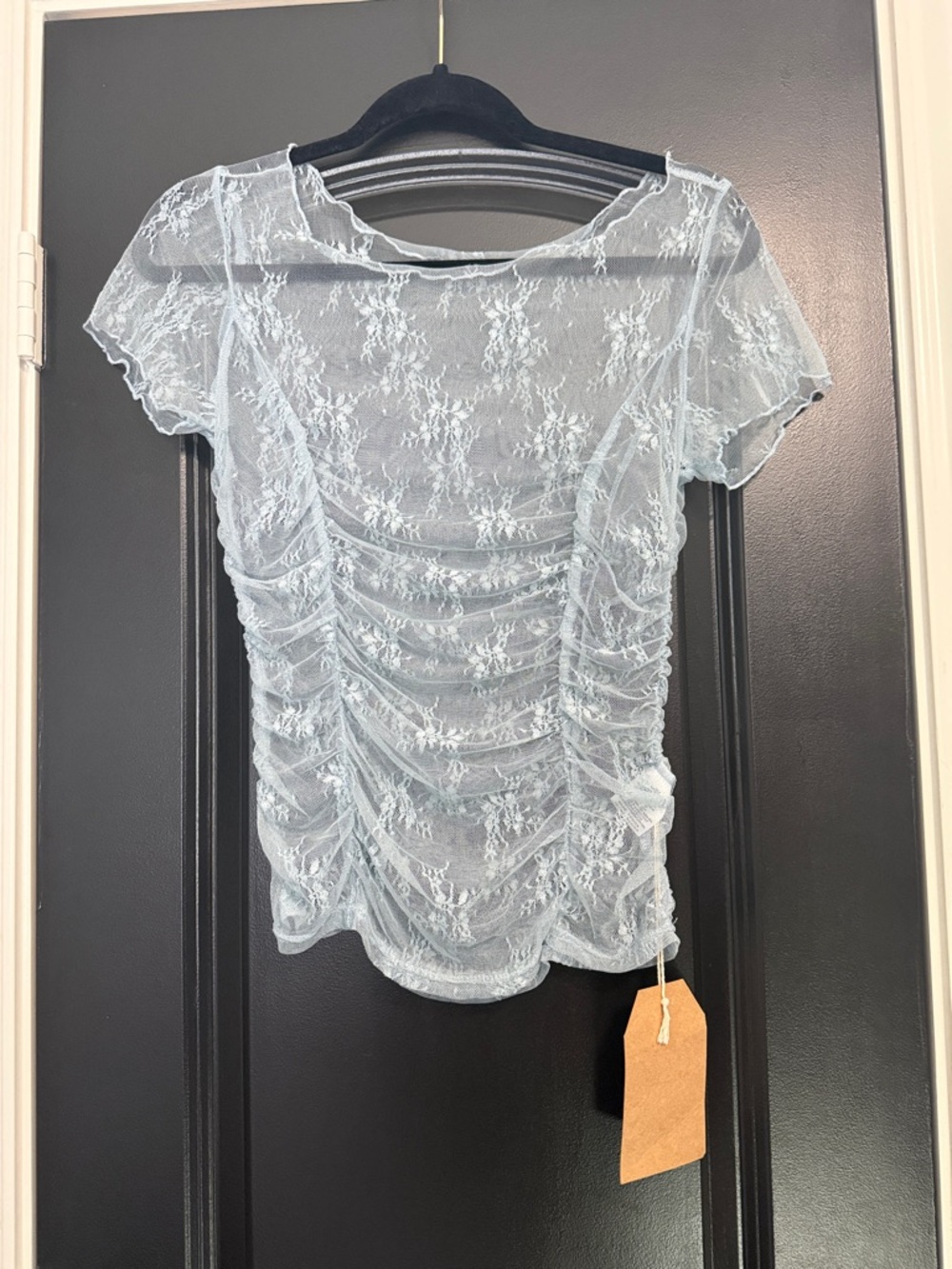 Sheer Lace Ruched Short Sleeve Top - Light Blue